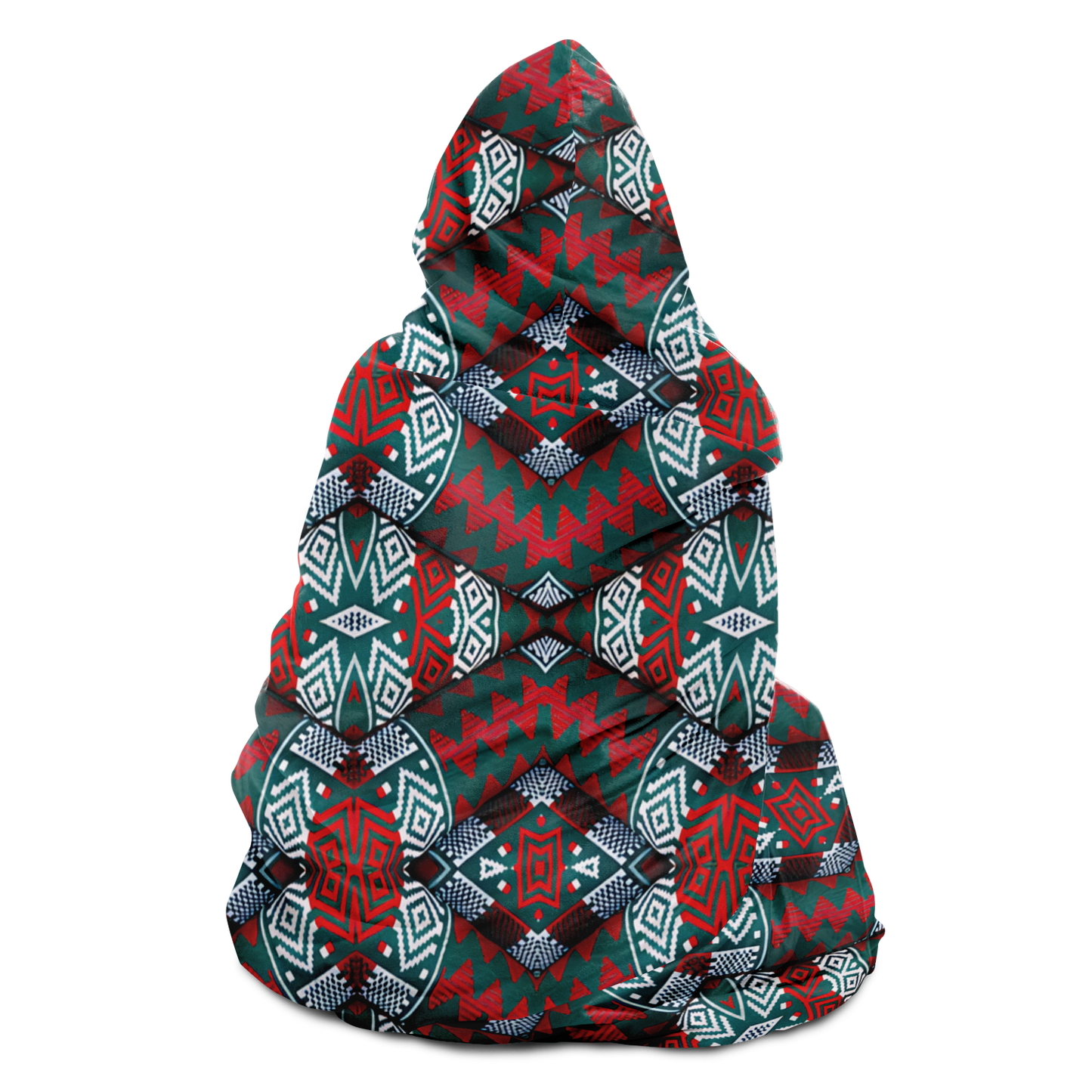 Women's Red, Green & Teal Tribal Geometric Pattern All-Over Print Hooded Blanket Sherpa