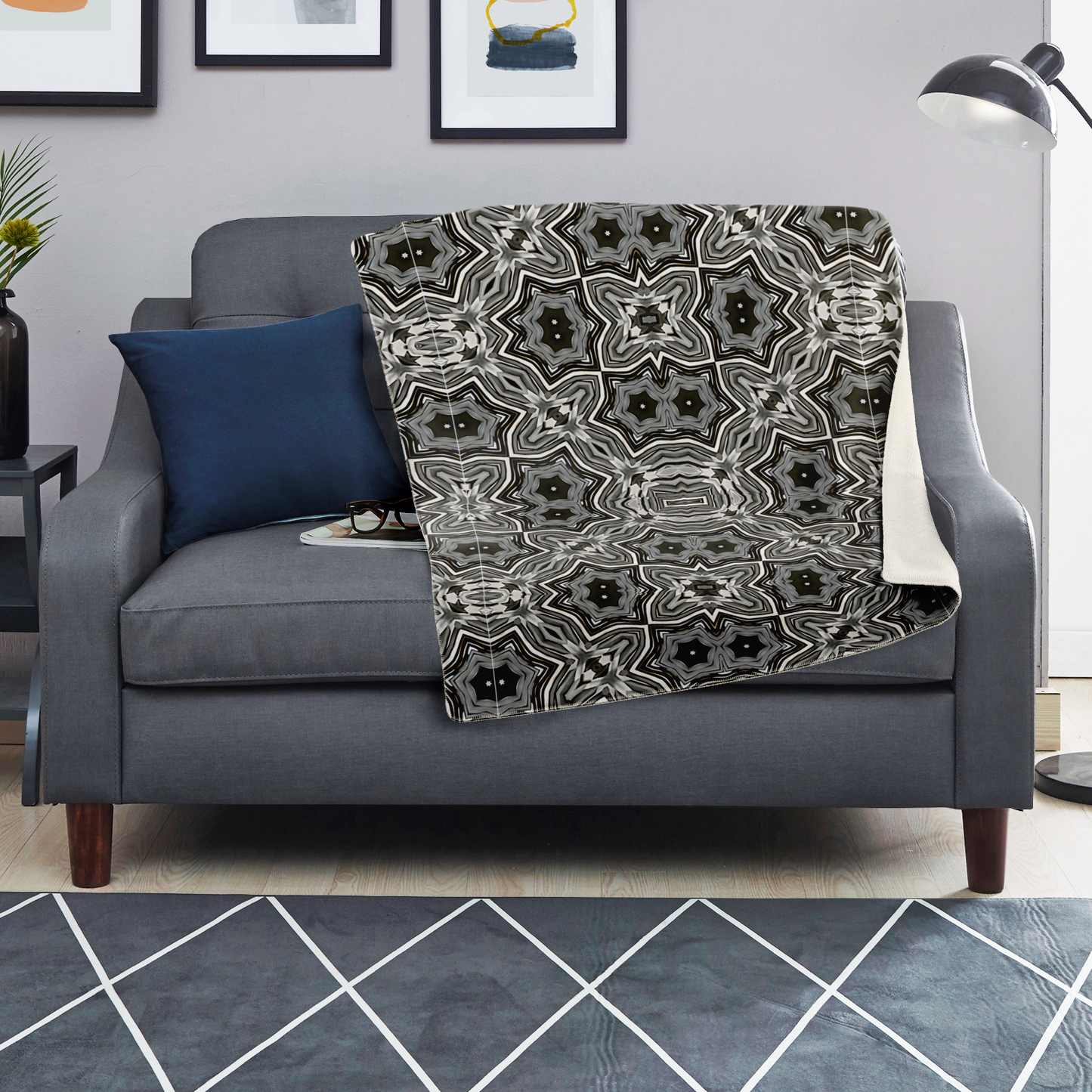Blanket - Monochrome Kaleidoscope Pattern Premium Microfleece Blanket