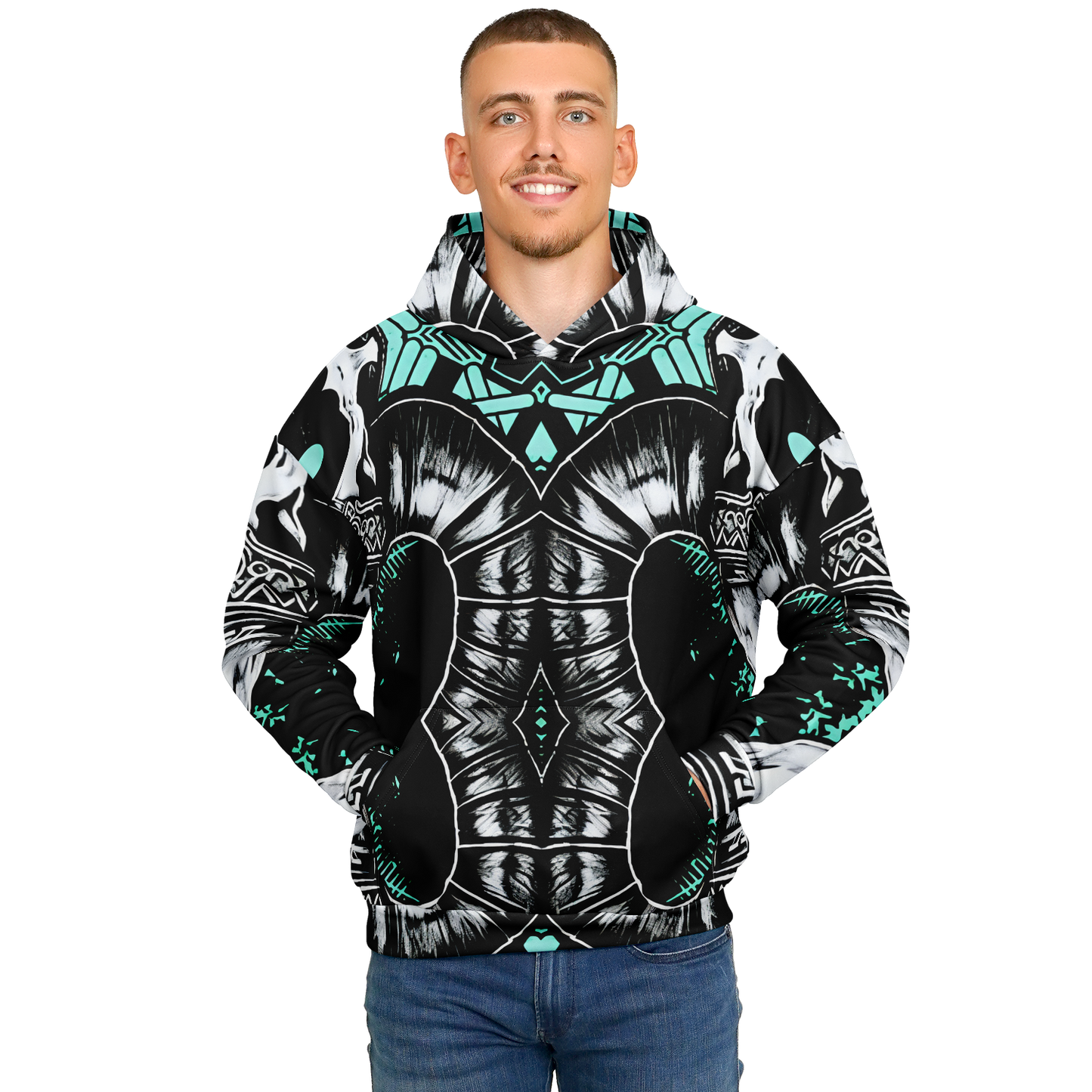 Men's Teal Black White & Green Geometric Pattern All Over Print Heavyweight Oversized Hoodie