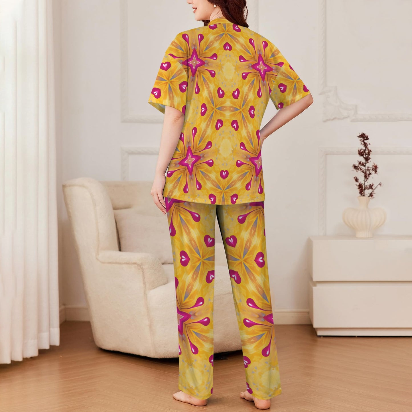 Women's Yellow Kaleidoscope Heart Pattern All Over Print V-Neck Pajama Set