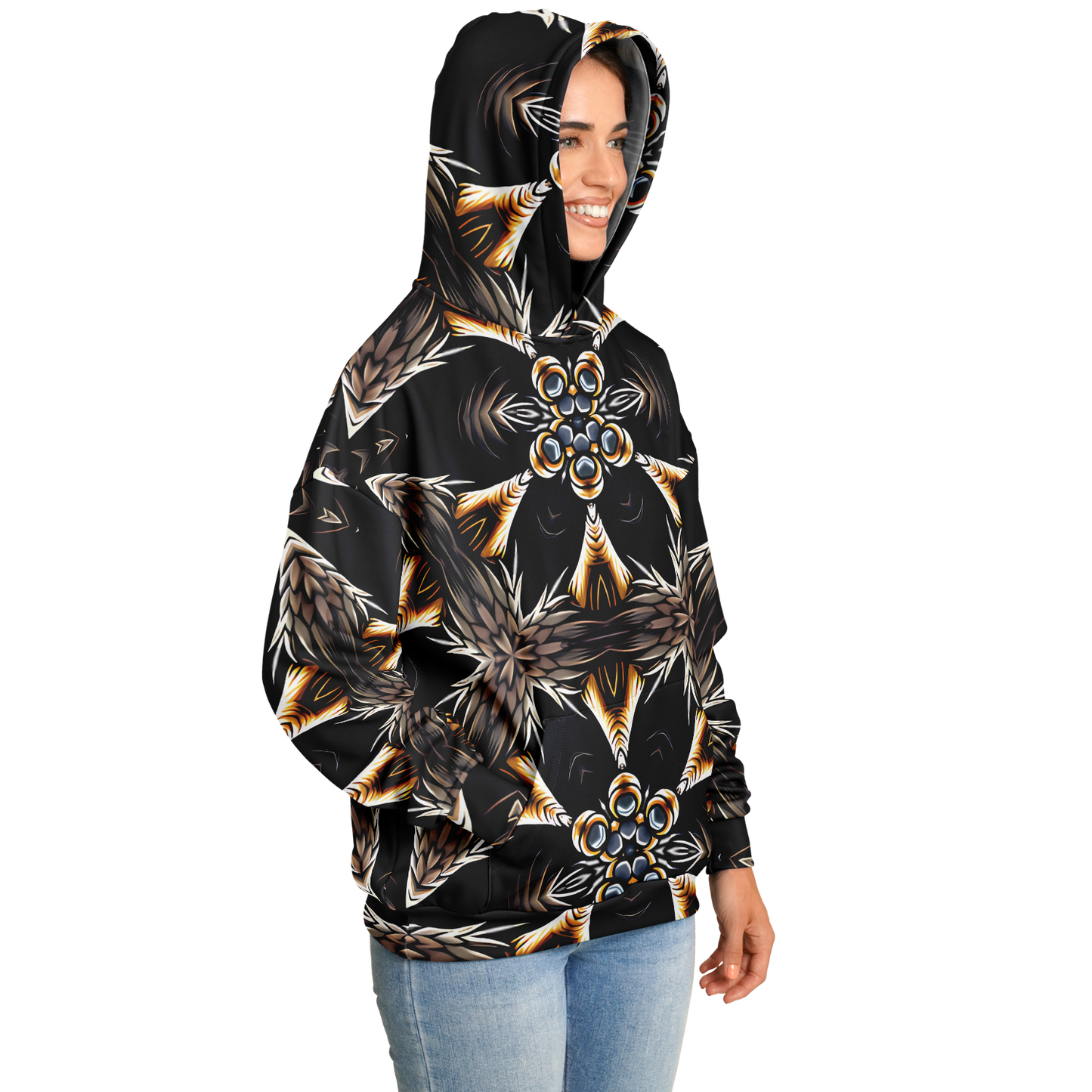 Women's Geometric Black & Gold Kaleidoscope Print Heavyweight Oversized Hoodie