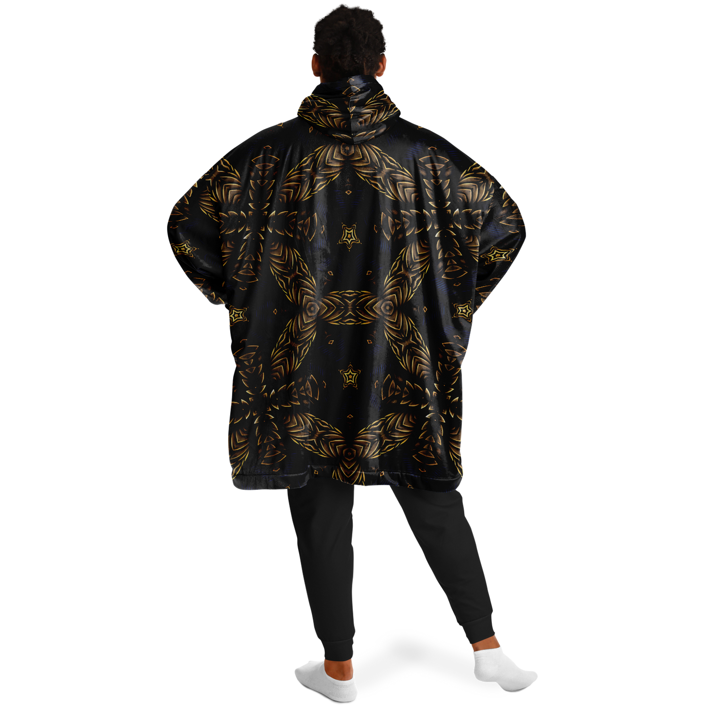 Men's Asymmetrical Gold, Blue & Black Pattern All Over Print Snug Hoodie