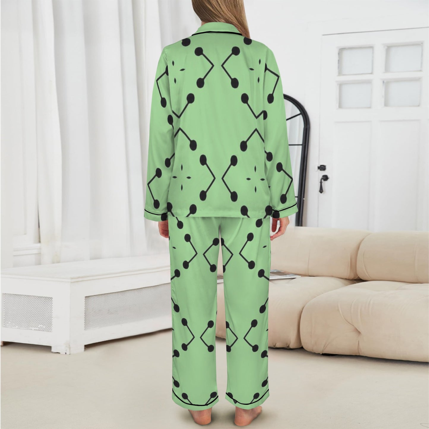 Women's Bold Green Geometric Black Dot-Node Pattern All-Over Print Long Sleeve Satin Pajama Set