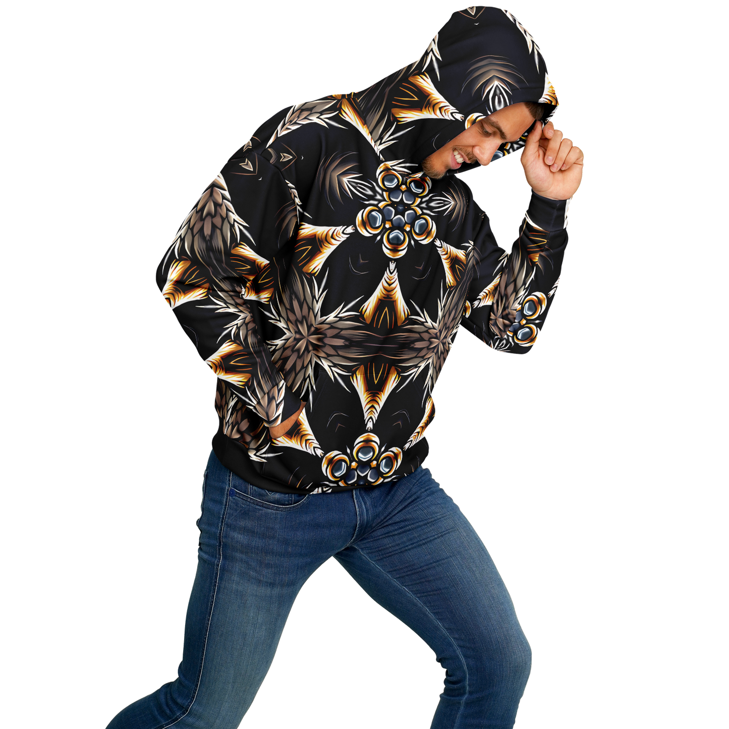 Men's Geometric Black & Gold Kaleidoscope Print Heavyweight Oversized Hoodie