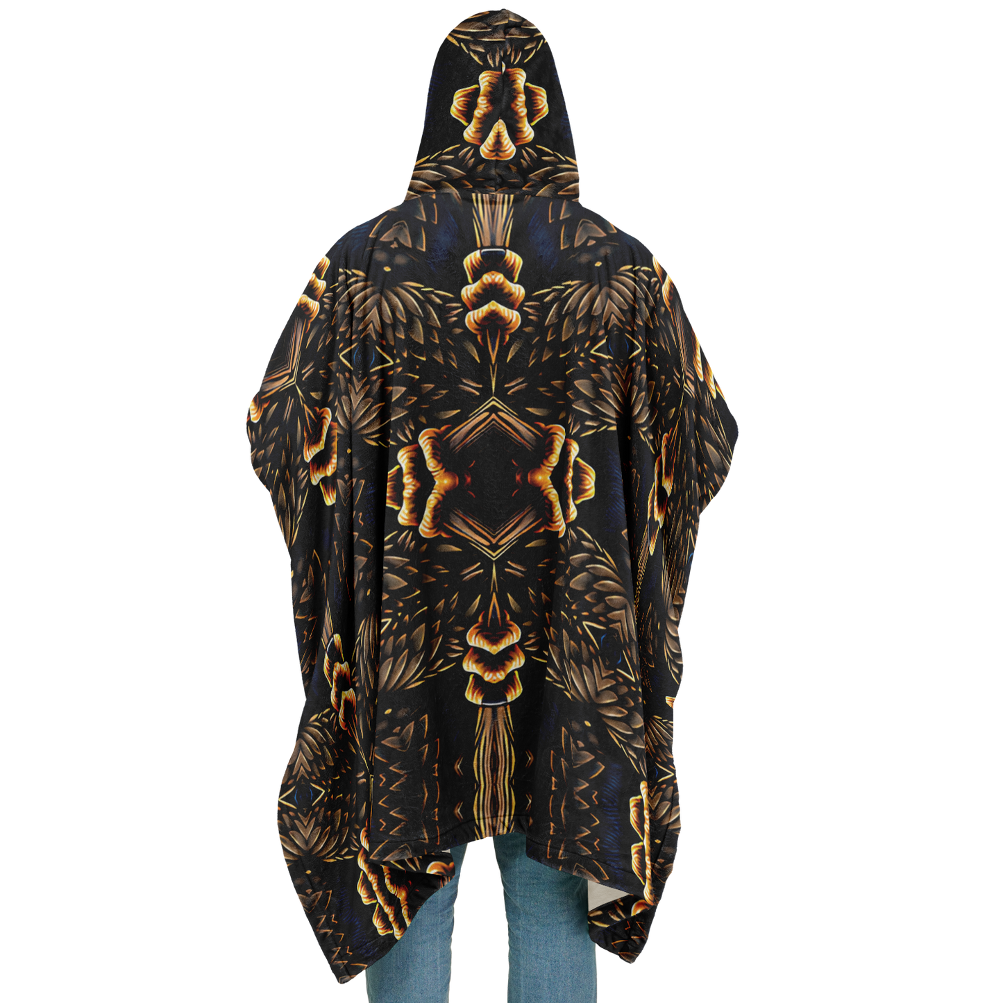 Men's Geometric Gold & Black Pattern Flannel Blanket Poncho