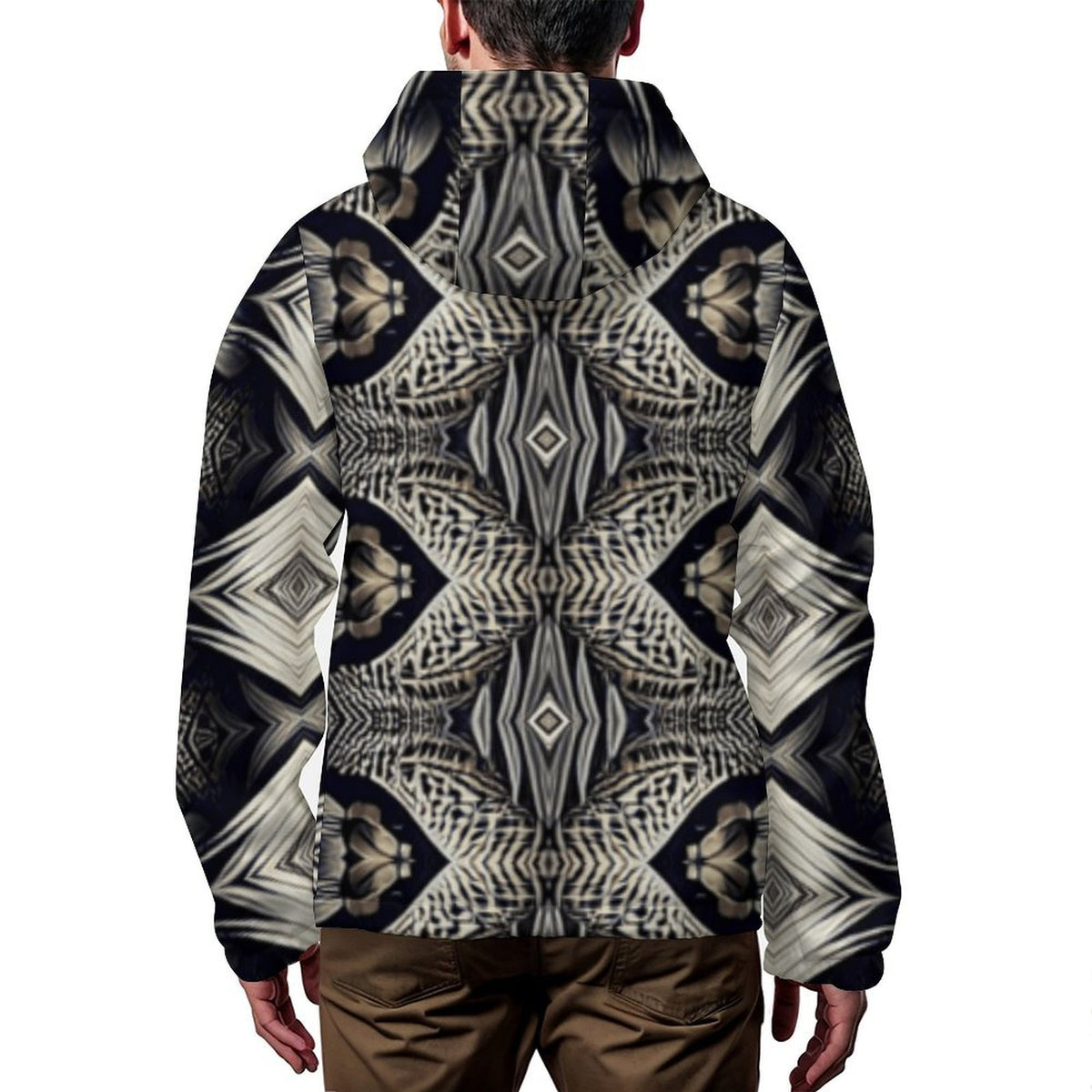 Men's Monochrome Geometric Pattern All Over Print Hooded Windbreaker Jacket