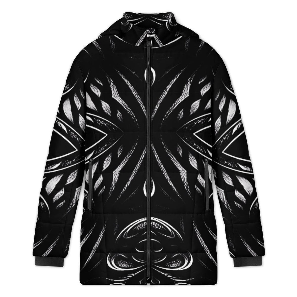 Women's Black & White Geometric Pattern All-Over Print Hooded Puffer Coat