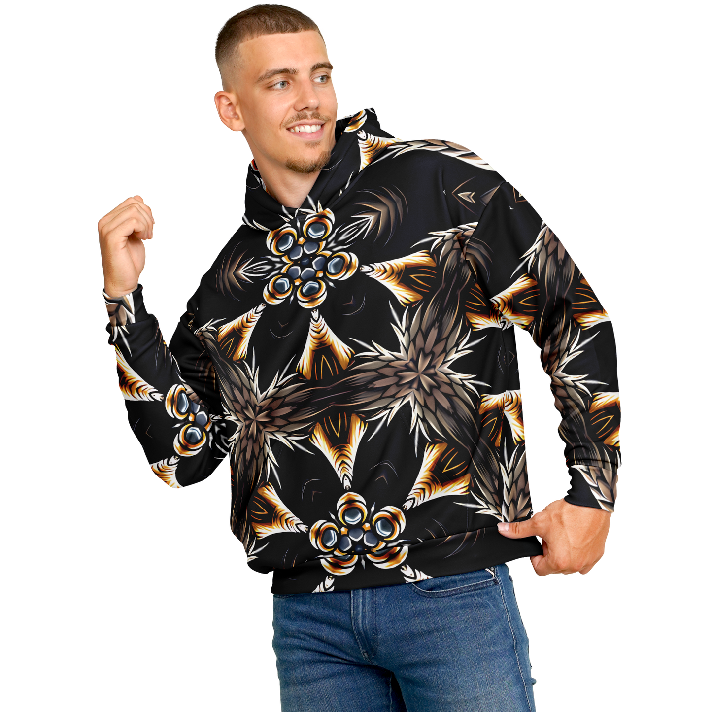 Men's Geometric Black & Gold Kaleidoscope Print Heavyweight Oversized Hoodie