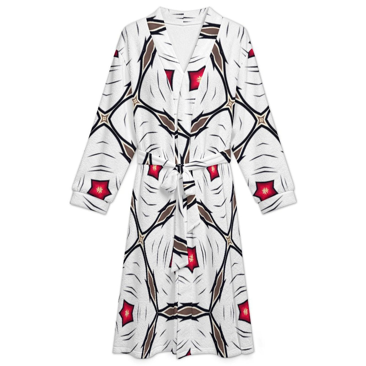 Men's Geometric White Red Patterned Design All-Over Print Flannel Adult Lounge Robe