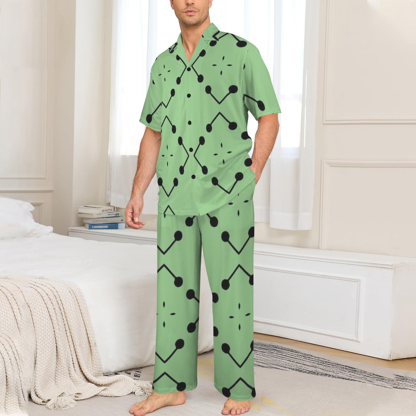 Men's Bold Green Geometric Black Dot-Node Pattern All-Over Print V-Neck Pajama Set