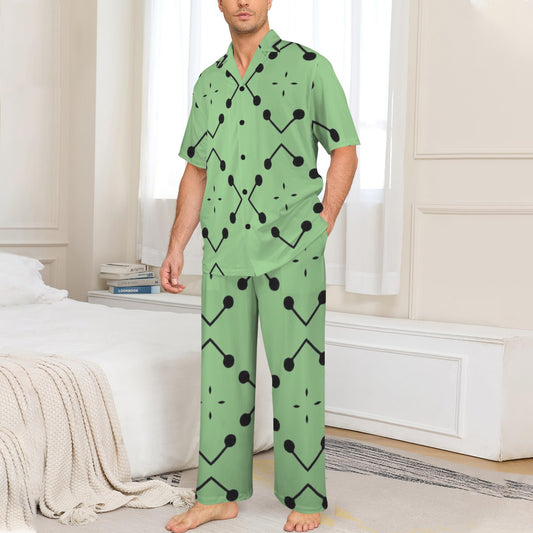 Men's Bold Green Geometric Black Dot-Node Pattern All-Over Print V-Neck Pajama Set
