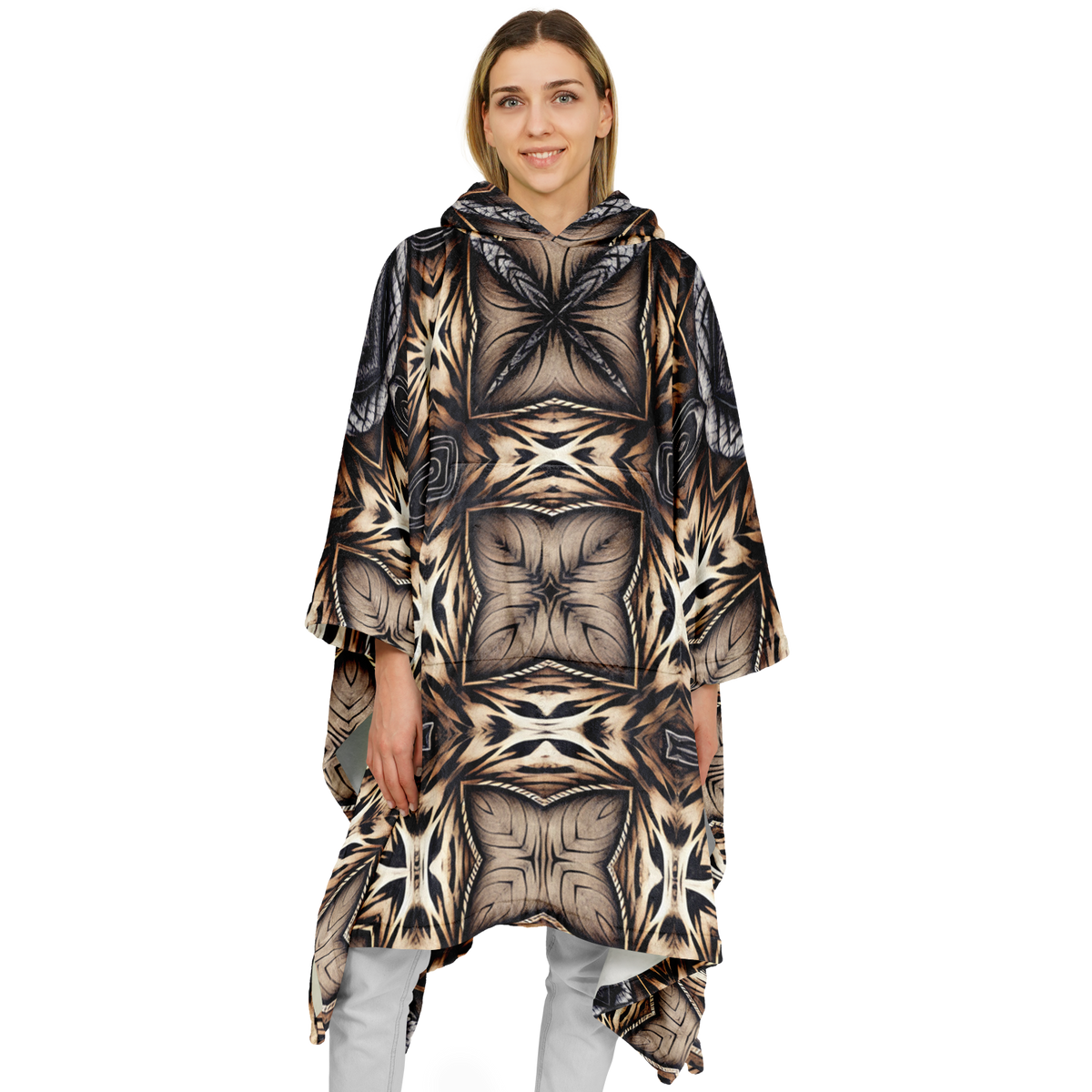 Women's Geometric Kaleidoscope Brown Pattern All Over Print Flannel Blanket Poncho