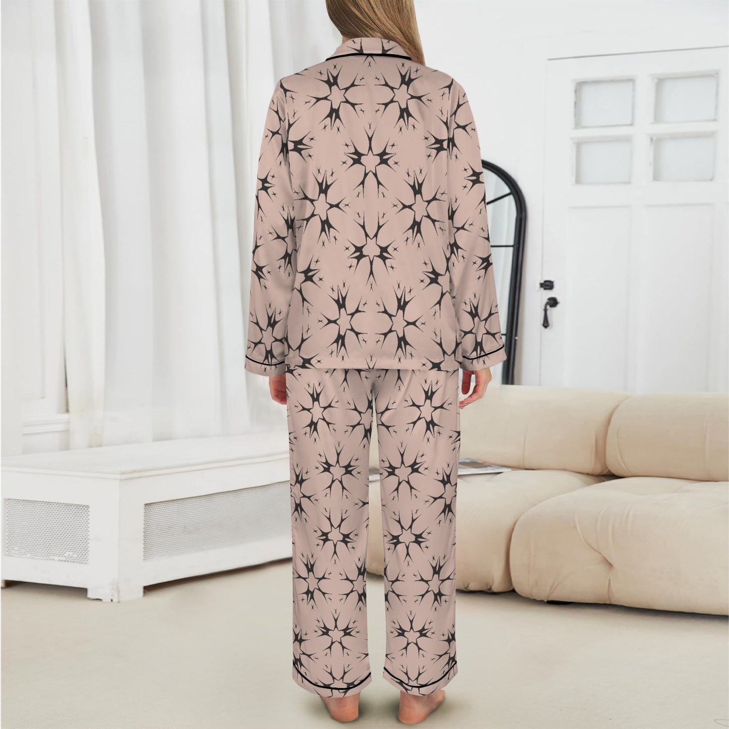 Women's Blush Pink Kaleidoscope Pattern All-Over Print Long Sleeve Satin Pajama Set