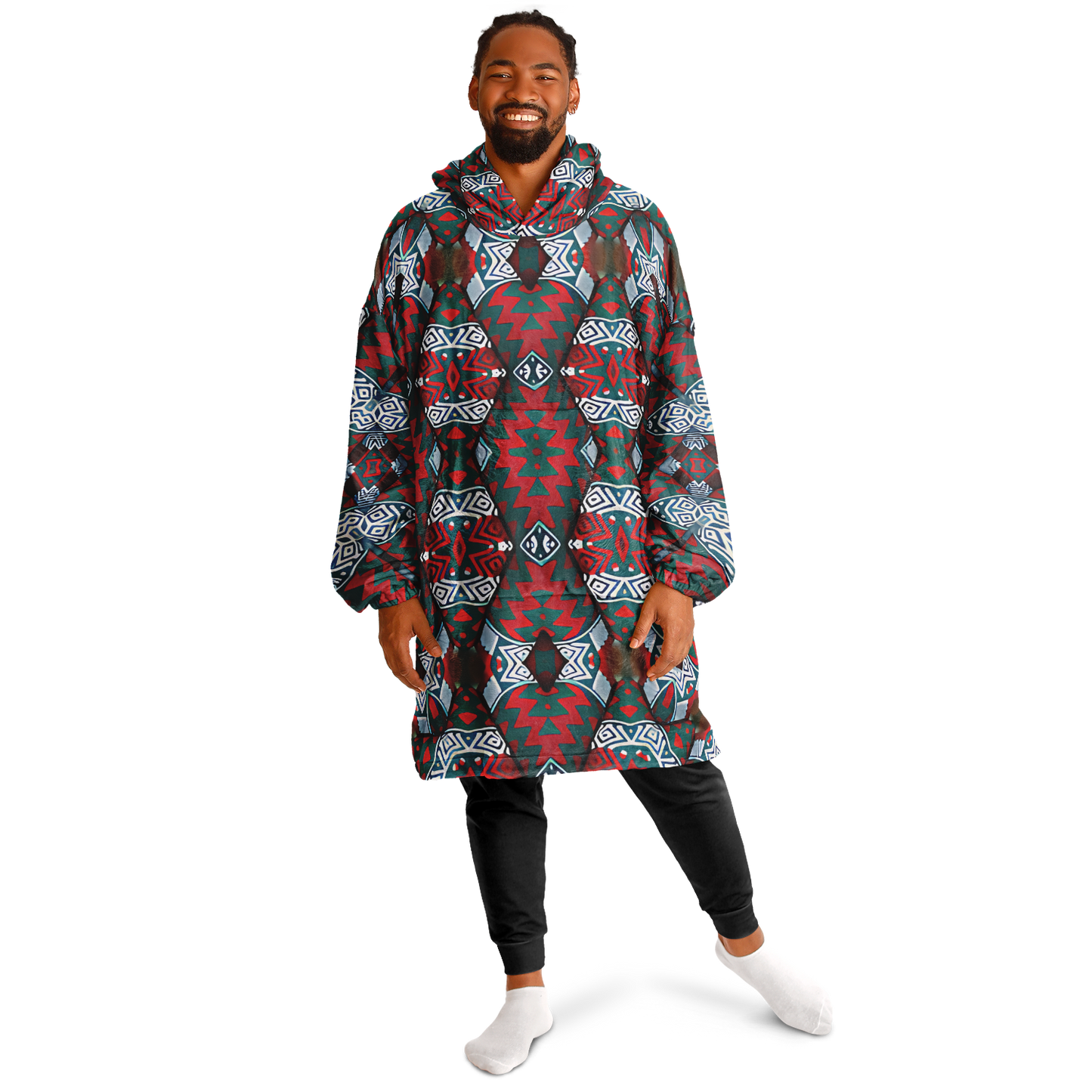 Men's Red & Teal Geometric Pattern Snug Hoodie Economy
