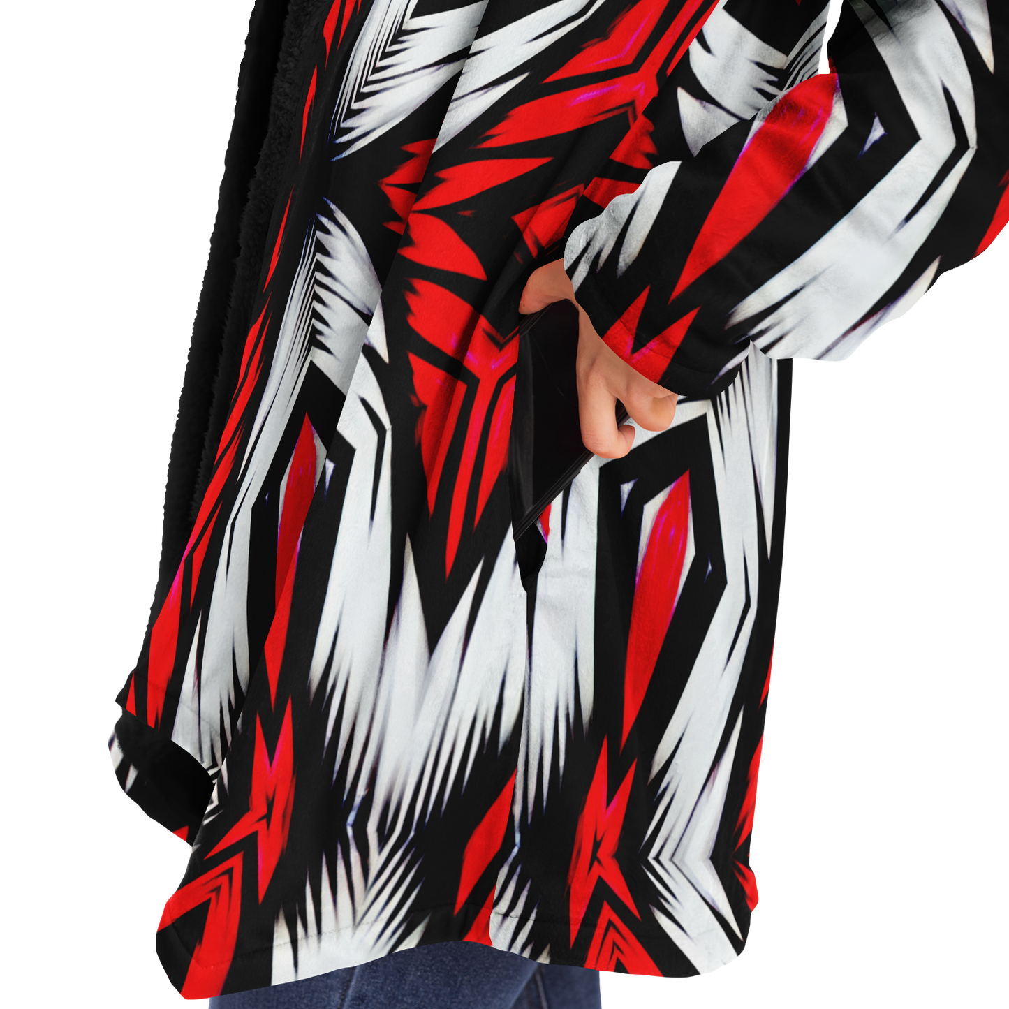 Women's Abstract Red, White & Black Pattern All-Over Print Microfleece Cloak