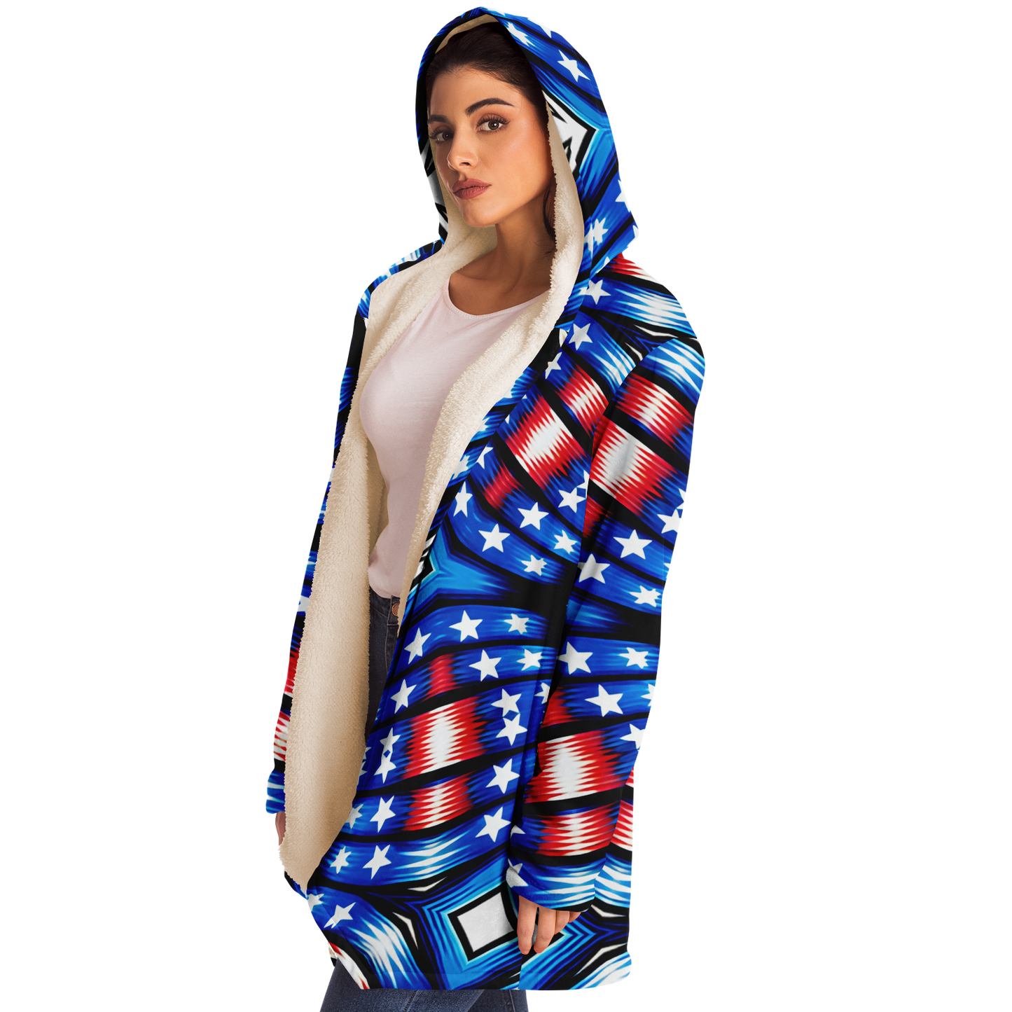 Women's Red White Blue Geometric Pattern All-Over Print Microfleece Cloak
