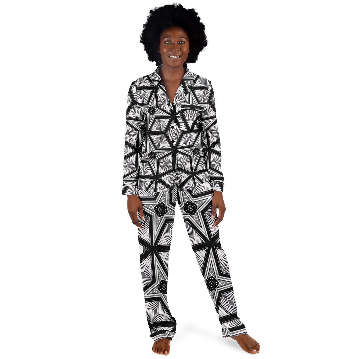Women's  Geometric Star Grid Satin Pajamas