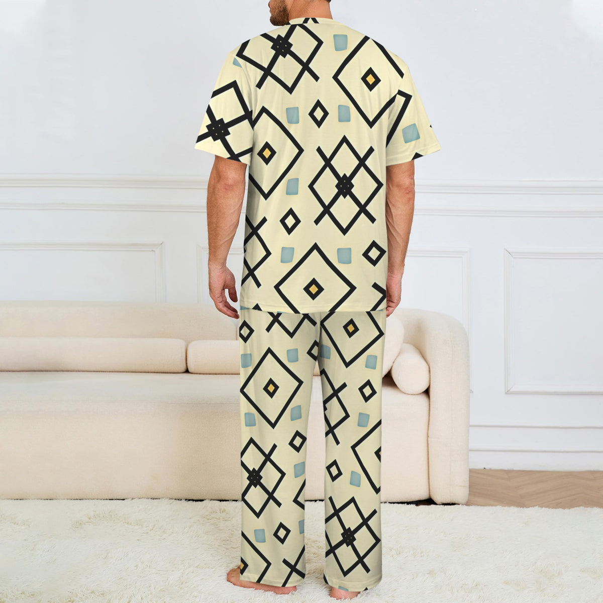 Men's Retro Cream Geometric Diamond Pattern Design All Over Print Men's Crew Neck Pajama Set
