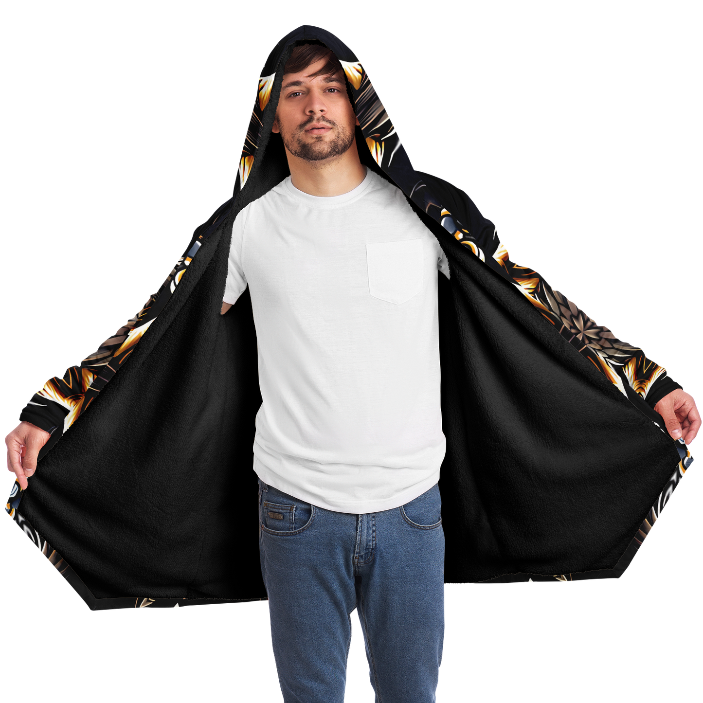 Men's Geometric Black & Gold Kaleidoscope Print Microfleece Cloak