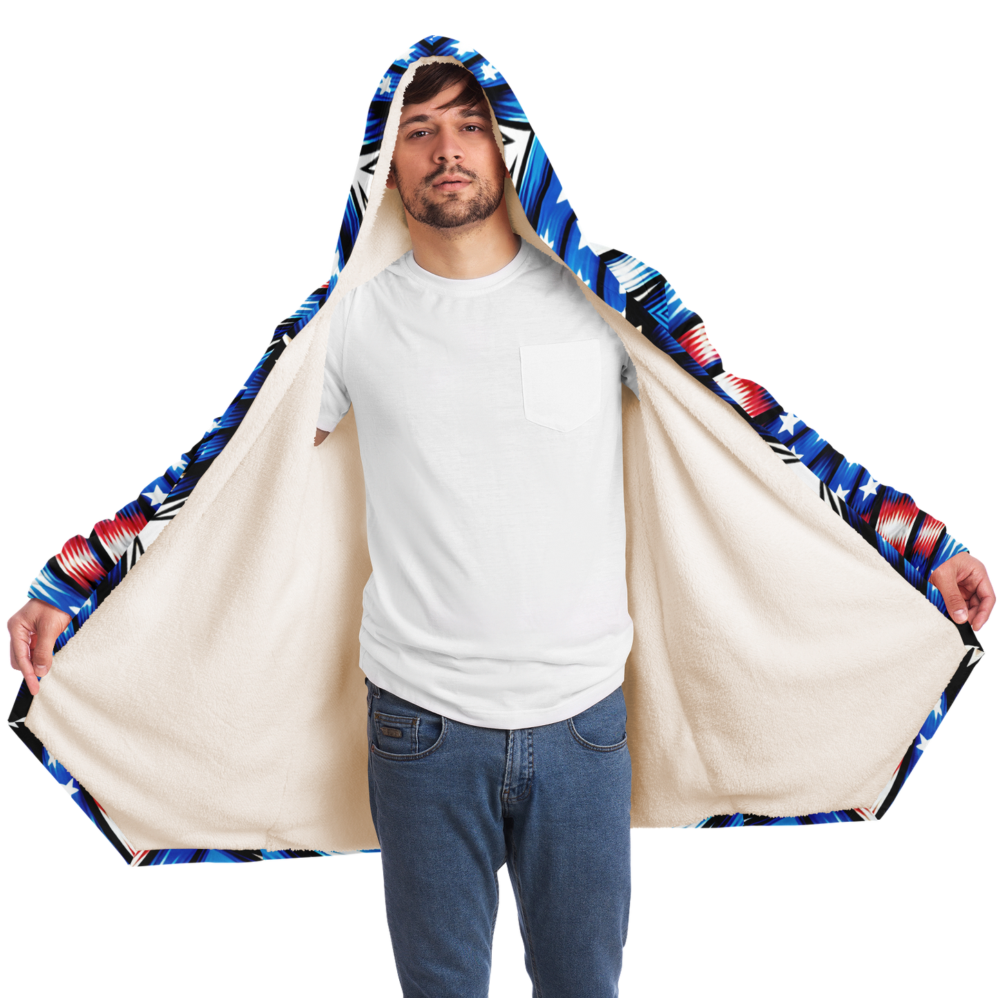 Men's Red White Blue Geometric Pattern All-Over Print All Over Print Microfleece Cloak