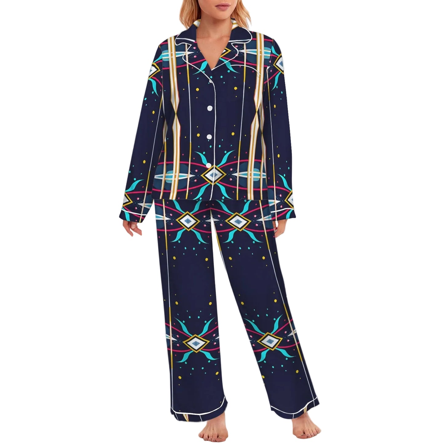 Women's Abstract Neon Geometry Pattern Print Women's Long Sleeve Satin Pajama Set
