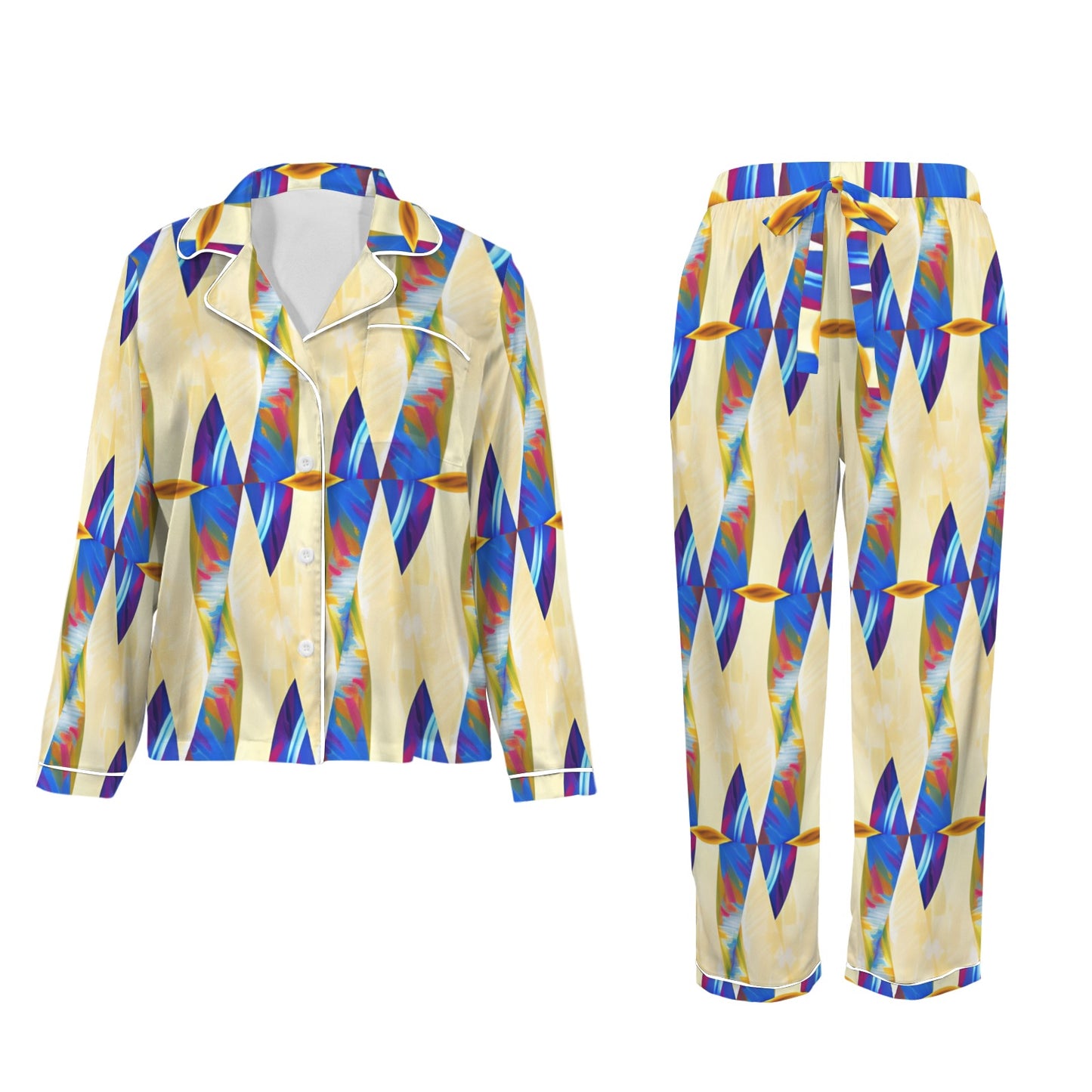 Women's Abstract Blue Wave Pattern All Over Print Long Sleeve Satin Pajama Set