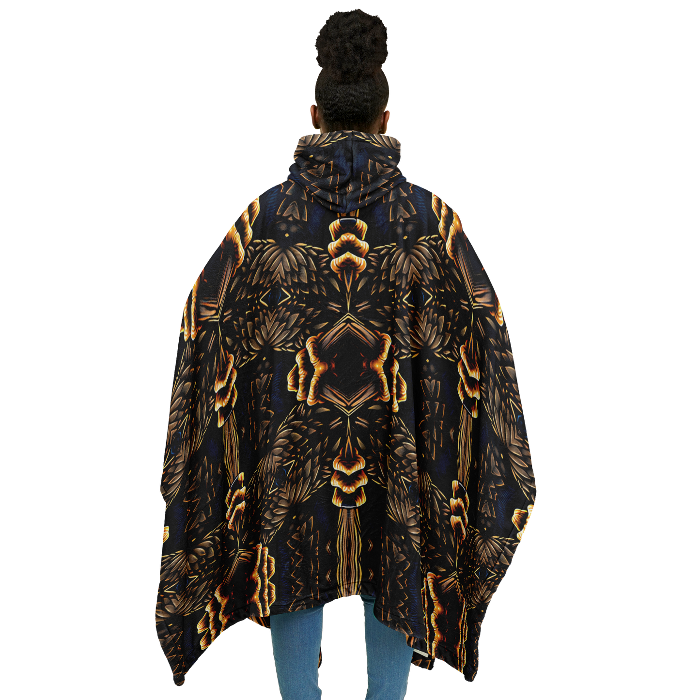 Women's Geometric Gold & Black Pattern Flannel Blanket Poncho