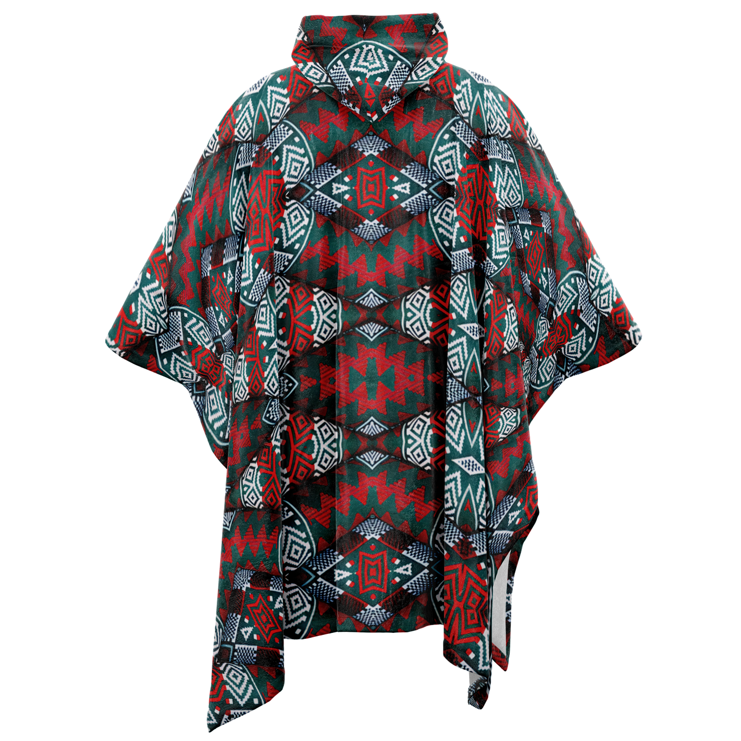 Women's Red, Green & Teal Tribal Geometric Pattern All-Over Print Flannel Blanket Poncho