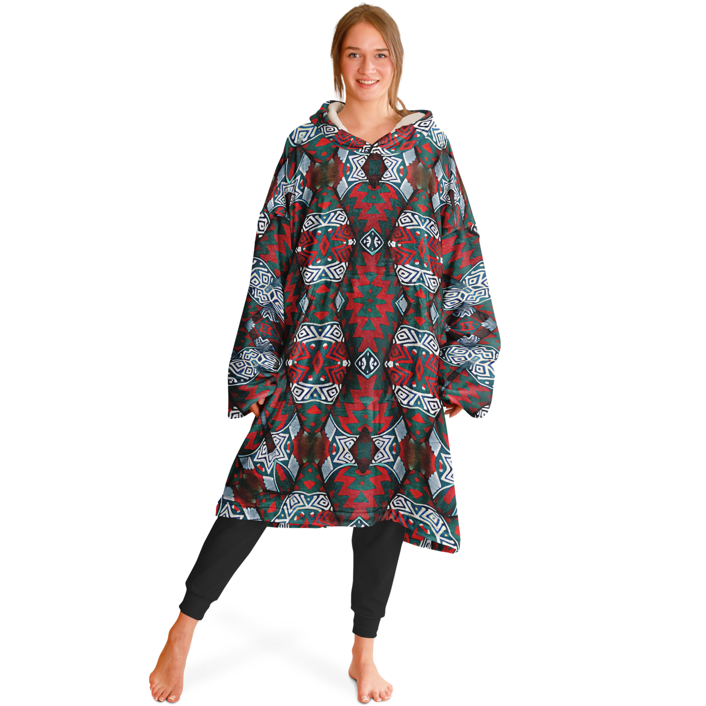 Women's Red & Teal Geometric Pattern Snug Hoodie Economy