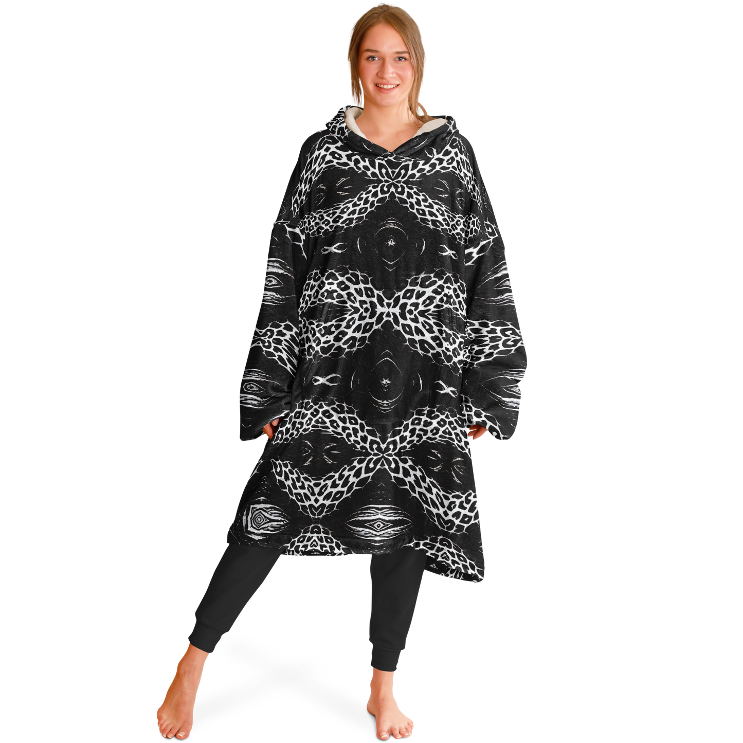 Women's Black & White Kaleidoscope Leopard All Over Print Snug Hoodie Economy