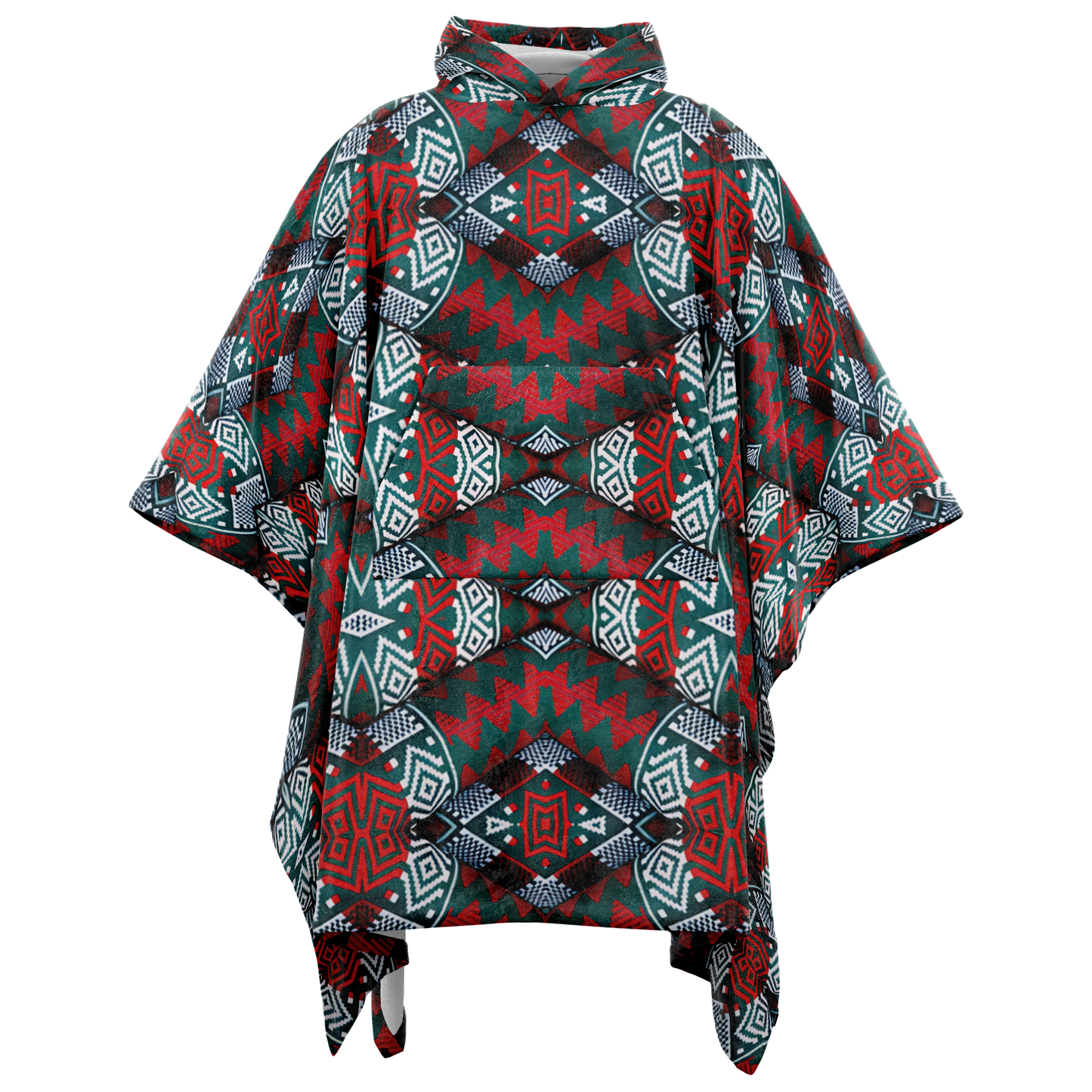 Men's Red, Green & Teal Tribal Geometric Pattern All-Over Print Flannel Blanket Poncho