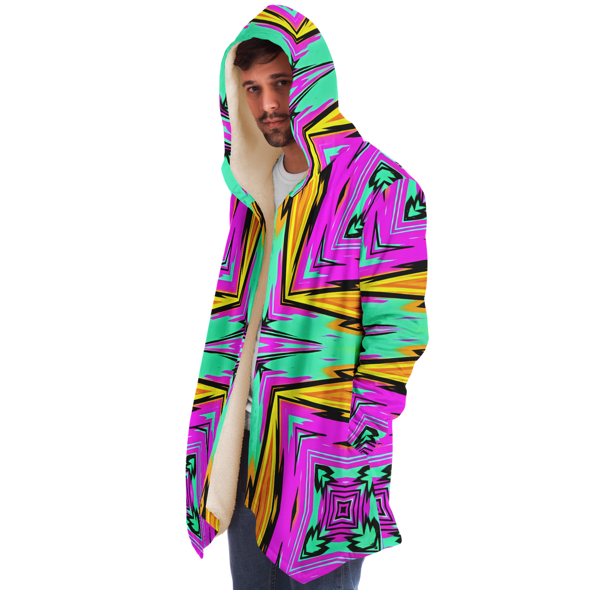Men's Neon Geometric Star Pattern Design All Over Print Microfleece Cloak