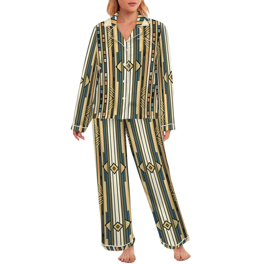 Women's Retro Geometric Tribal Pattern All-Over Print Long Sleeve Satin Pajama Set