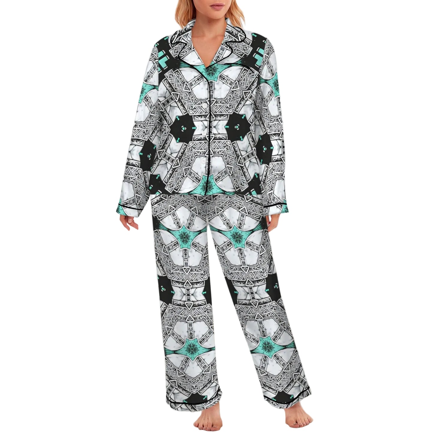 Women's Kaleidoscope Geo Pattern All Over Print Long Sleeve Satin Pajama Set