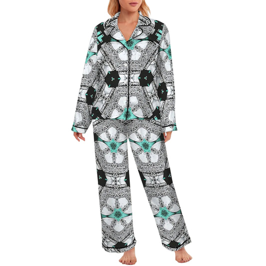 Women's Kaleidoscope Geo Pattern All Over Print Long Sleeve Satin Pajama Set