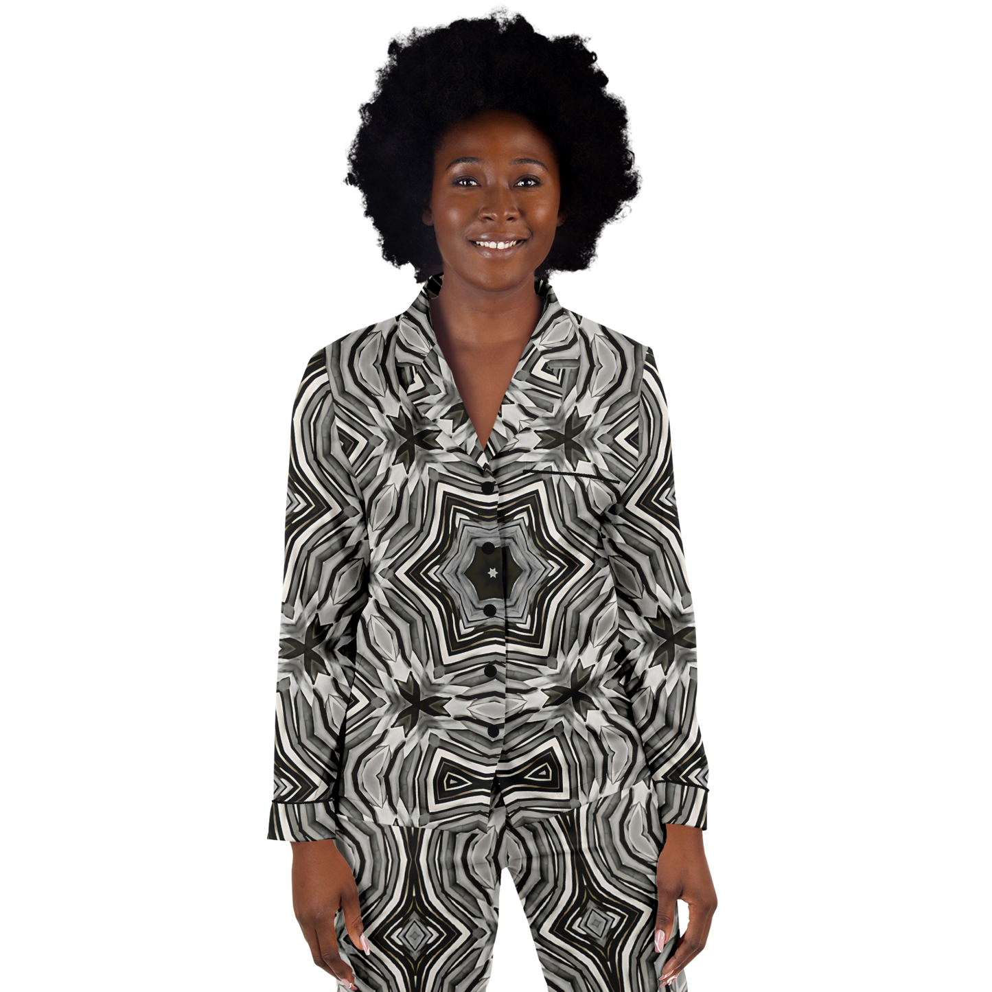 Women's Monochrome Kaleidoscope Pattern Satin Pajamas