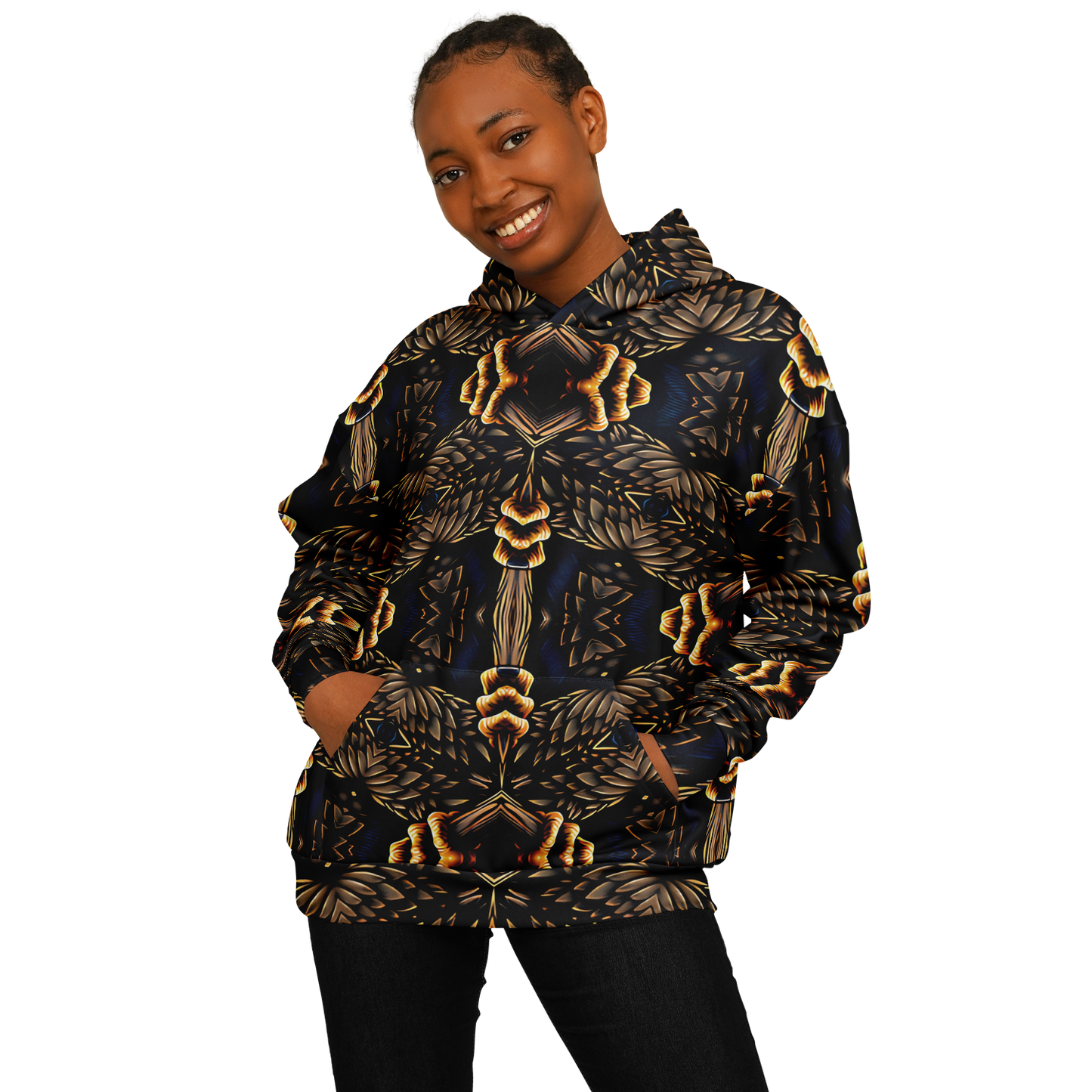 Women's Geometric Gold & Black Pattern Heavyweight Oversized Hoodie