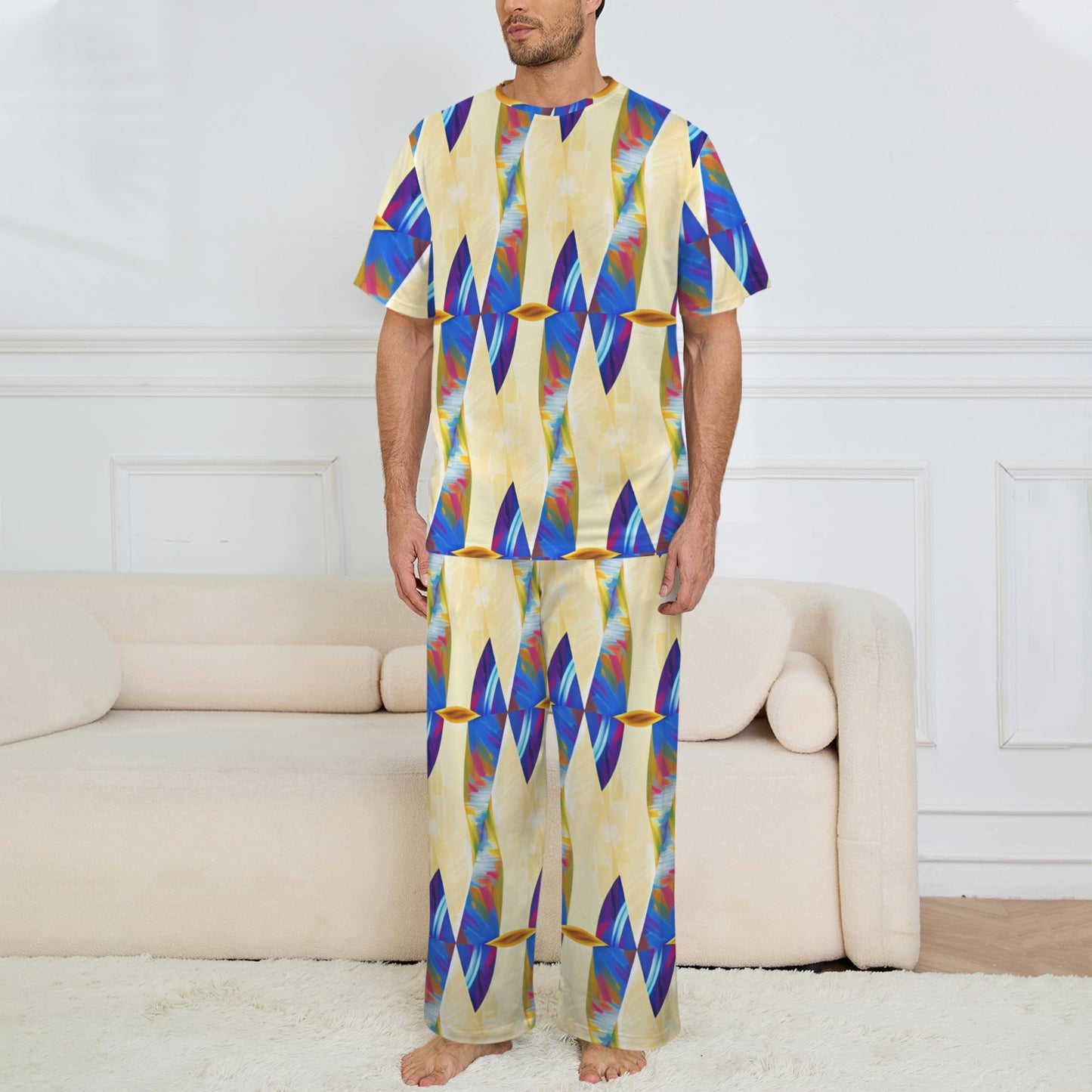 Men's Abstract Blue Wave Pattern All Over Print Crew Neck Pajama Set