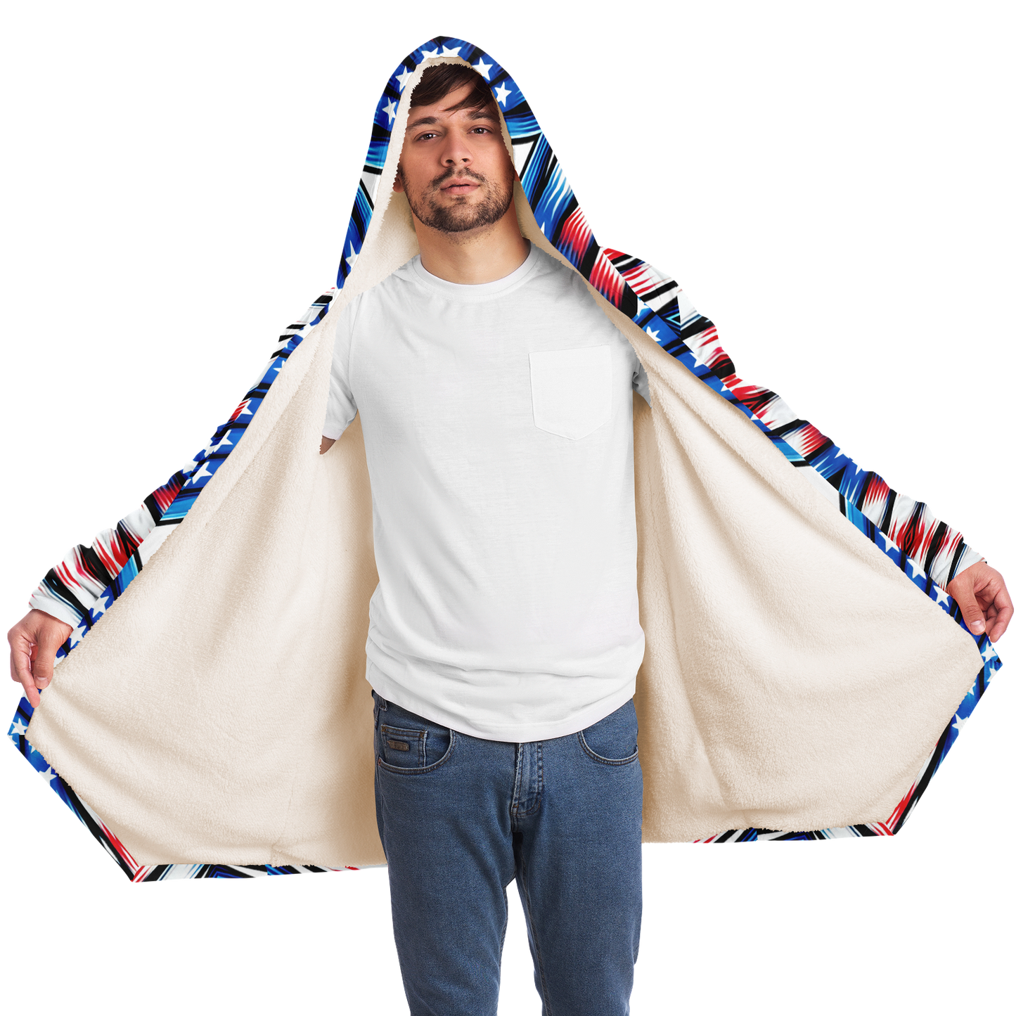 Men's Red White Blue Geometric Pattern All-Over Print All Over Print Microfleece Cloak