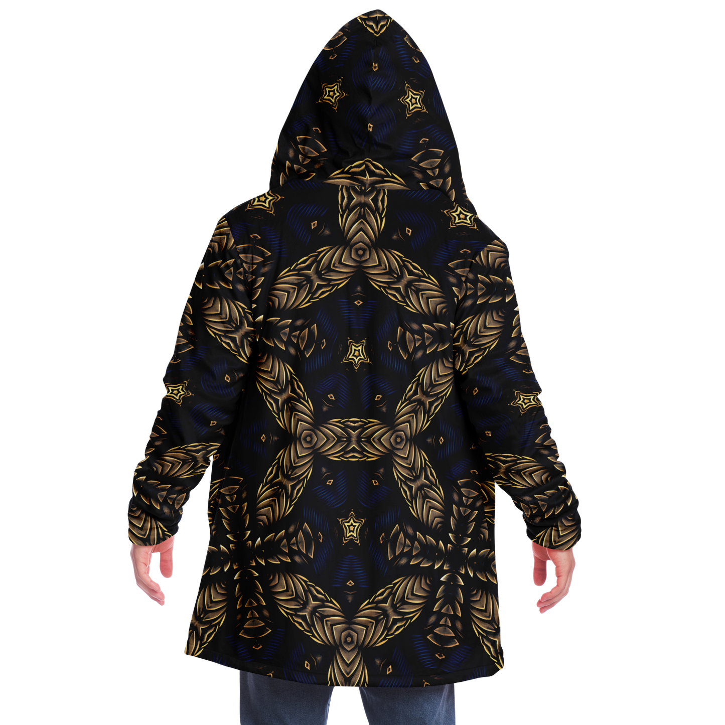 Men's Asymmetrical Gold, Blue & Black Pattern All Over Print Microfleece Cloak
