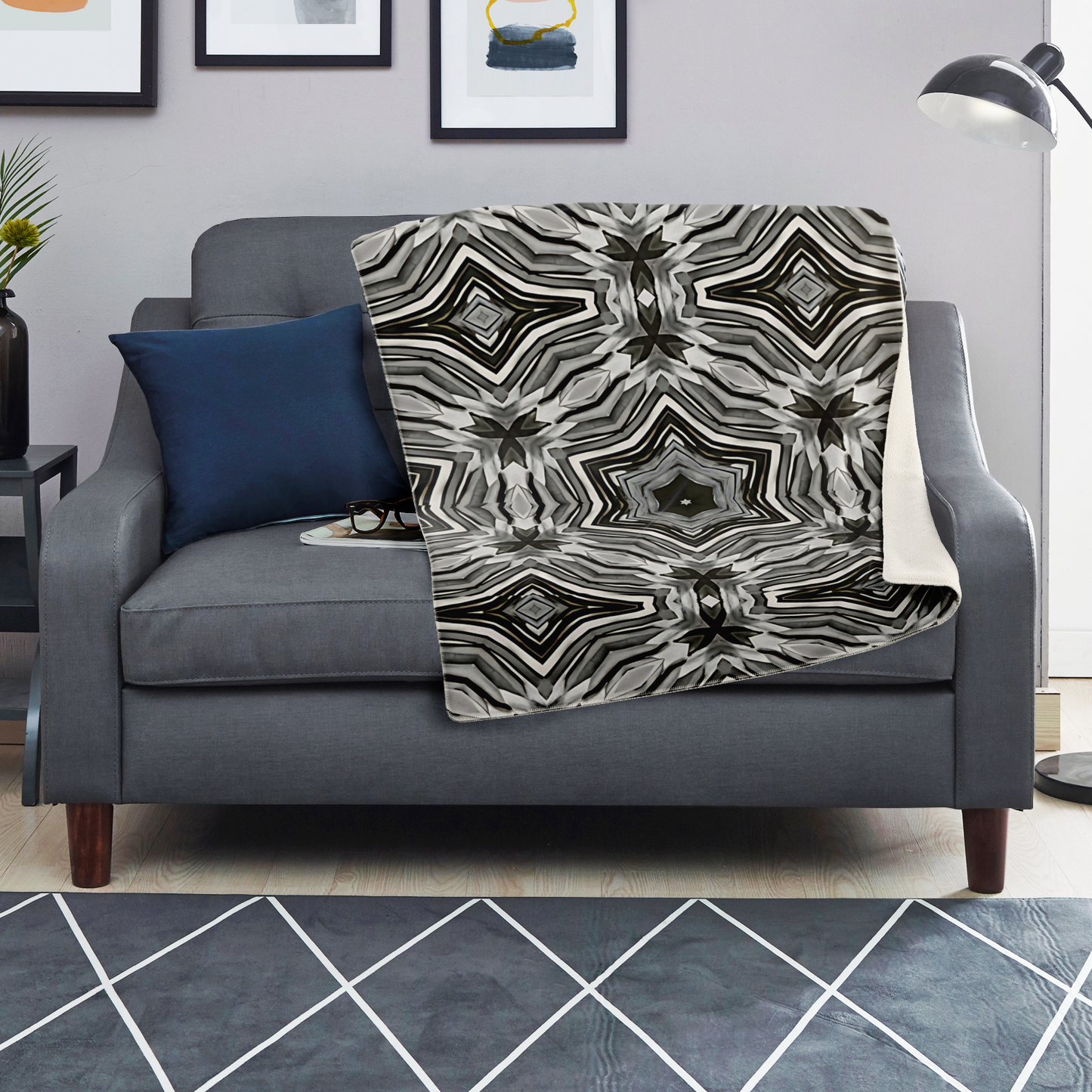 Blanket - Monochrome Kaleidoscope Pattern Premium Microfleece Blanket