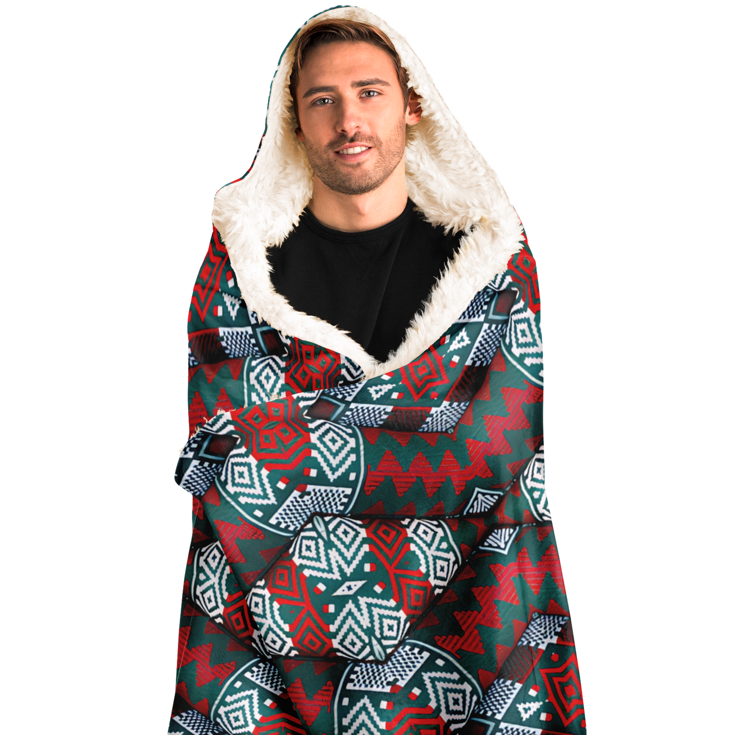 Men's Red, Green & Teal Tribal Geometric Pattern All-Over Print Hooded Blanket Sherpa