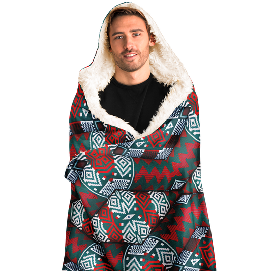 Men's Red, Green & Teal Tribal Geometric Pattern All-Over Print Hooded Blanket Sherpa