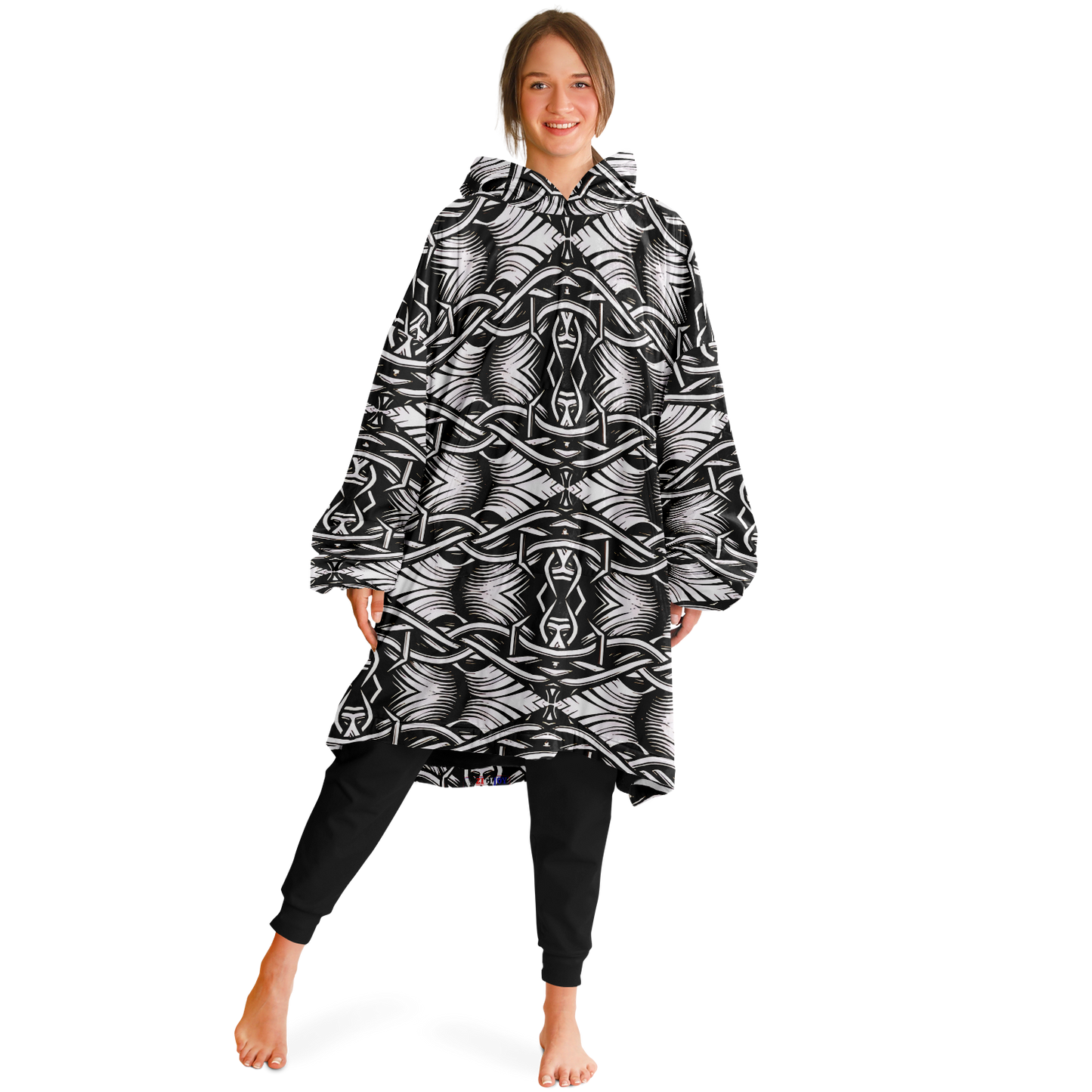 Women’s Black Intricate Silver Chain Tattoo Pattern High Snug Hoodie
