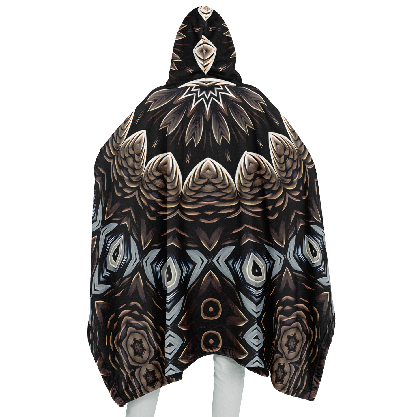 Women's Black & Taupe Kaleidoscope Floral Pattern Flannel Blanket Poncho All Over Print