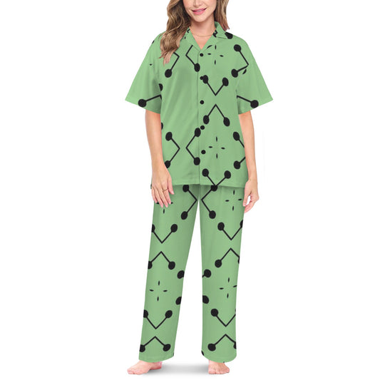 Women's Bold Green Geometric Black Dot-Node Pattern All-Over Print V-Neck Pajama Set