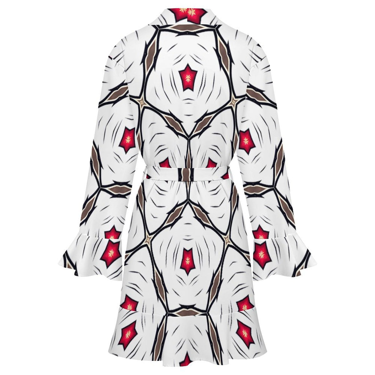 Women's Geometric White Red Patterned Design All-Over Print Ruffle Long Sleeve Robe