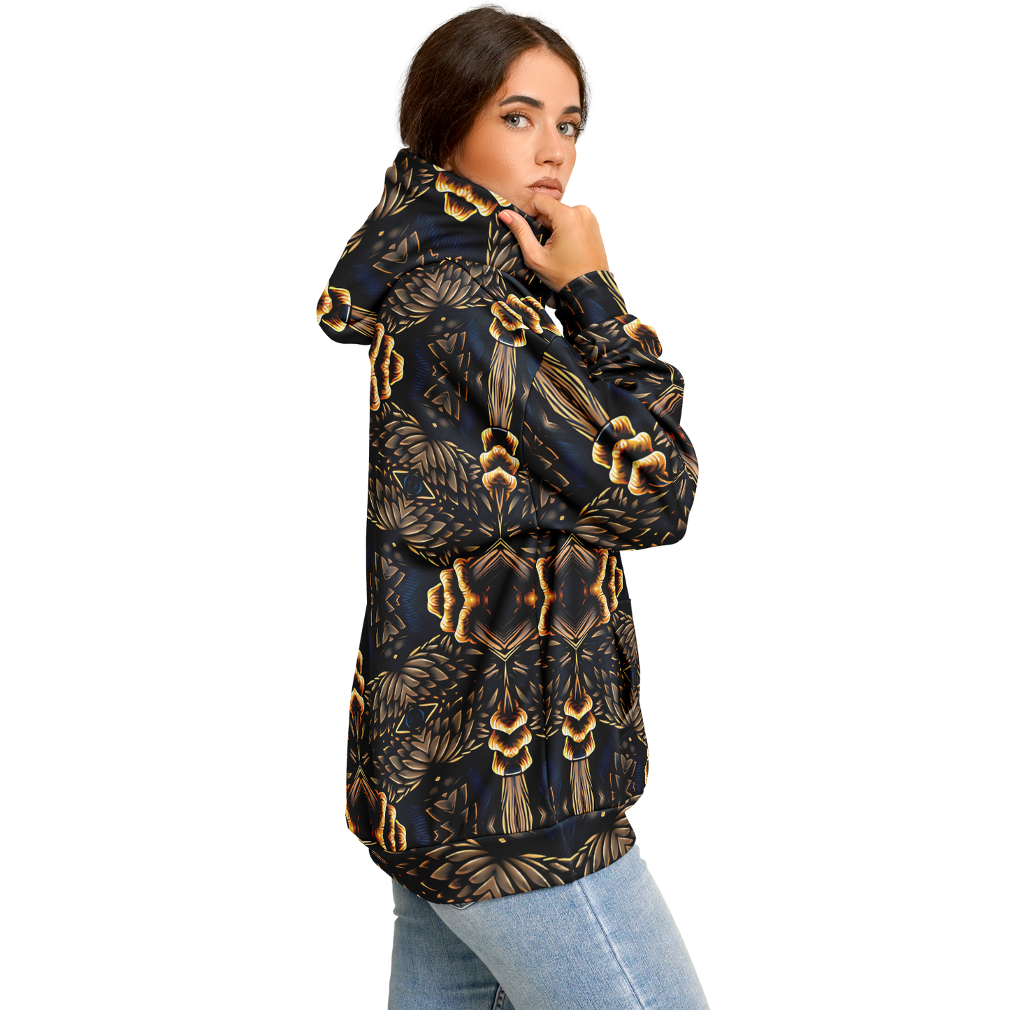 Women's Geometric Gold & Black Pattern Heavyweight Oversized Hoodie