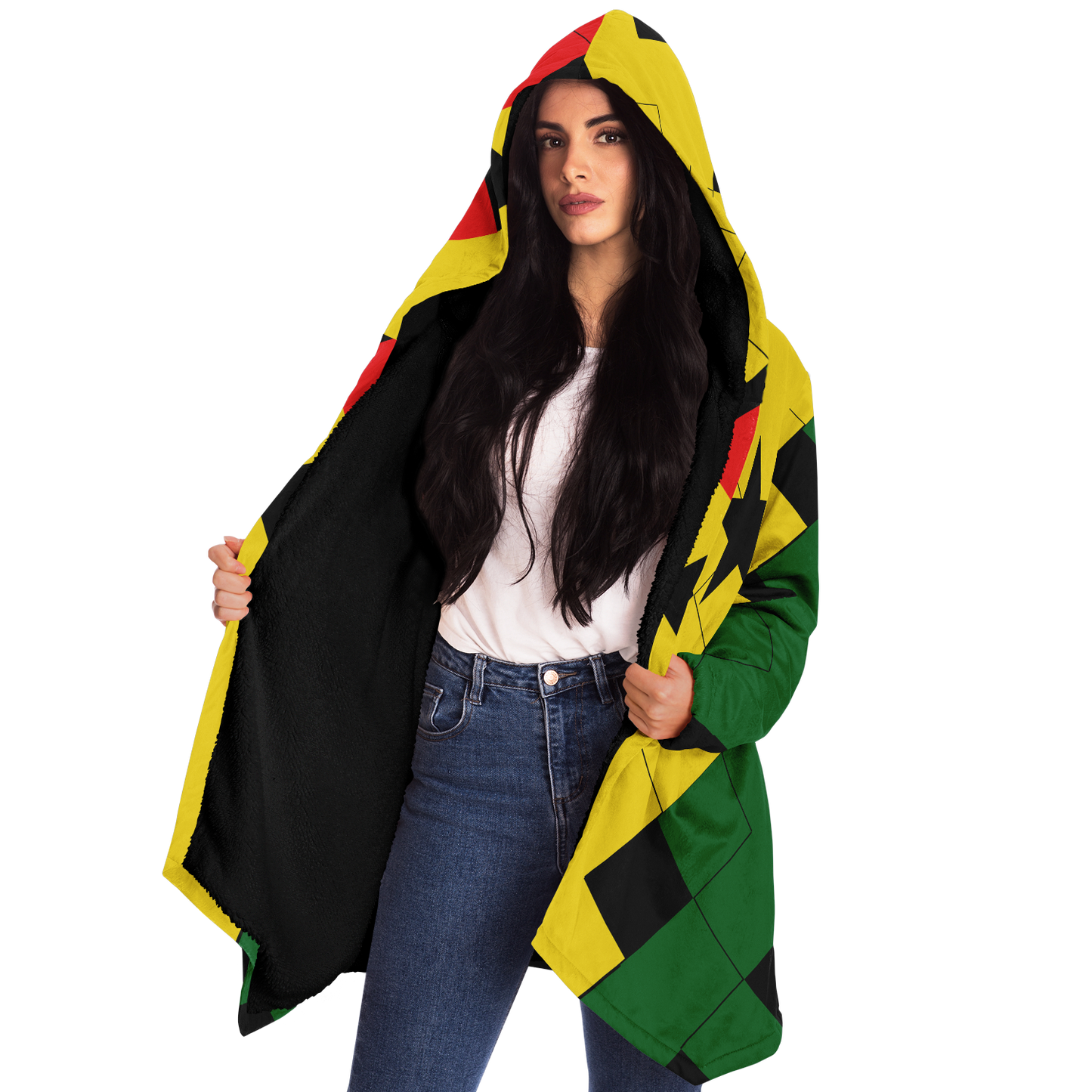 Women's Red Yellow Green and Black Stars Microfleece Cloak