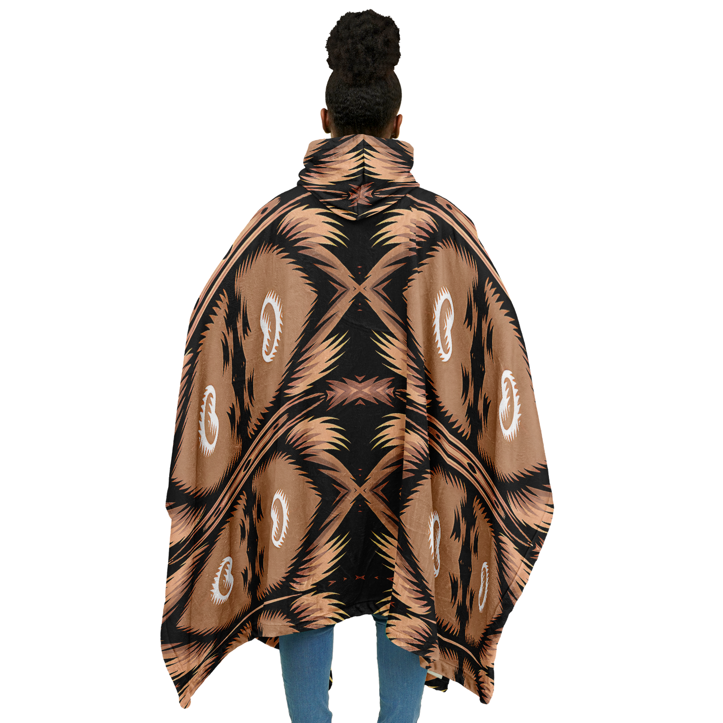 Women's Brown Geometric Pattern All-Over Print Flannel Blanket Poncho